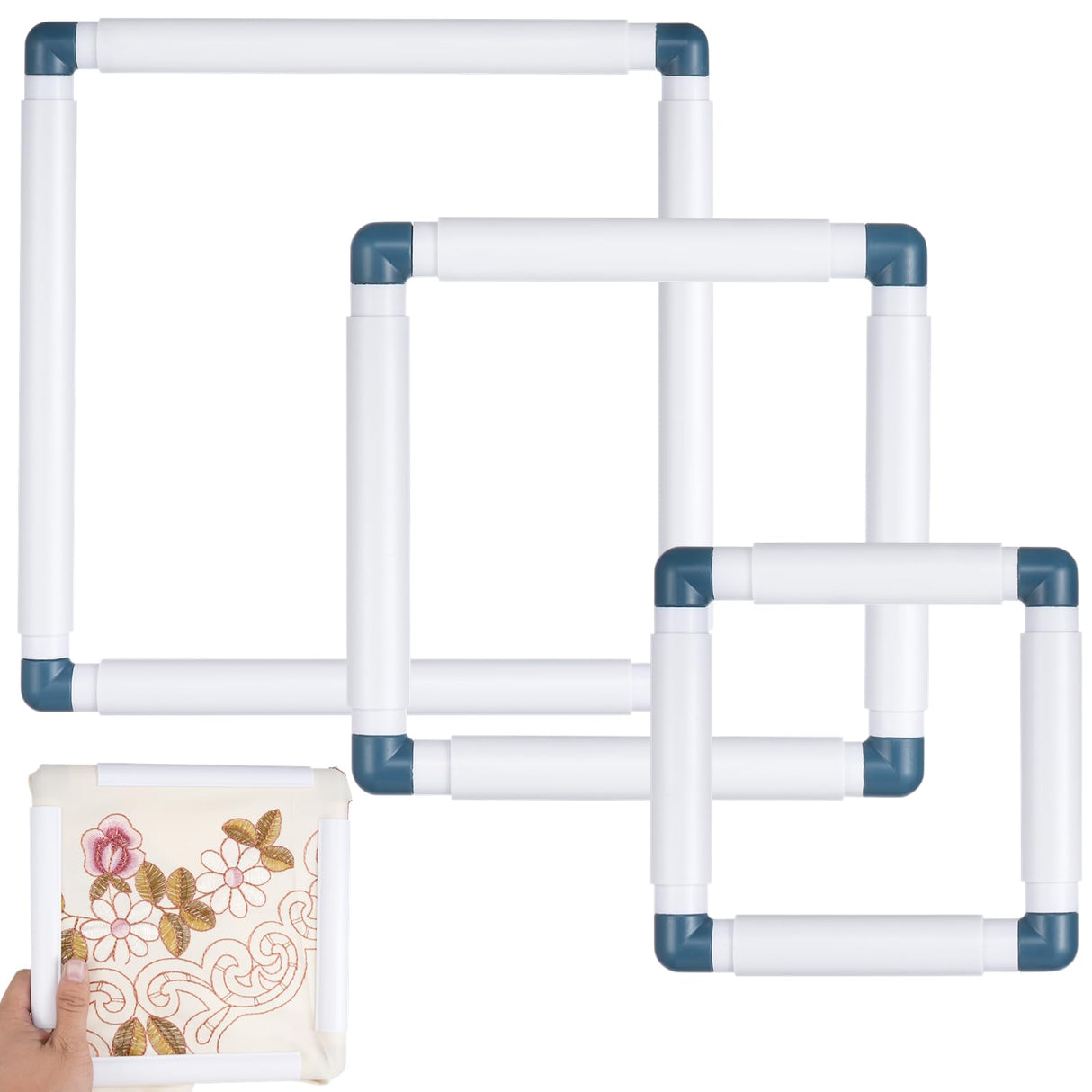 3PCS Square Embroidery Hoops, Plastic Cross Stitch Snap Frames, Square Clip Frames for Embroidery, DIY Sewing Tools for Cross Stitching Quilting (6" x 6", 8" x 8", 11" x 11") Joyibay