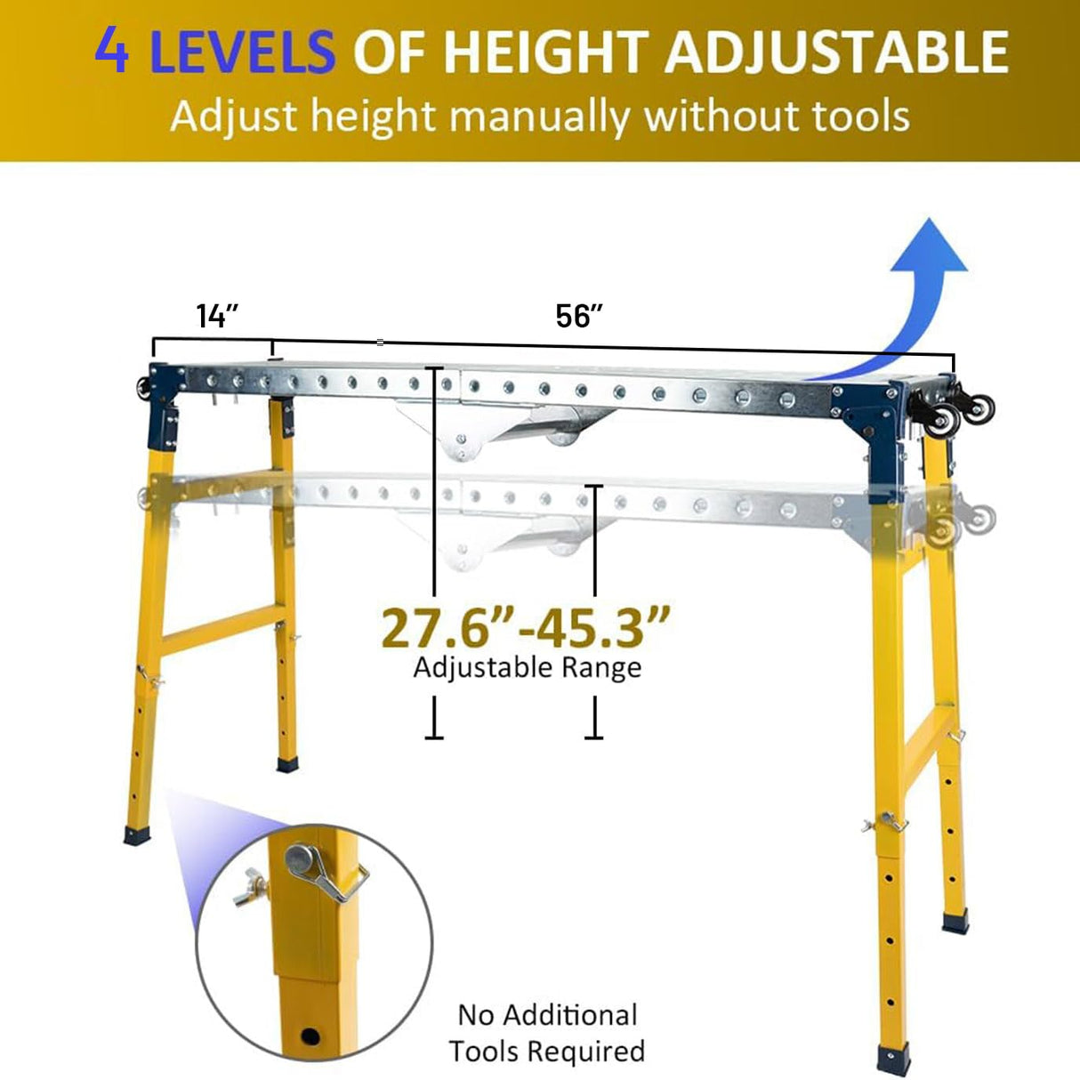 biosp Portable Steel Work Bench, Adjustable Height Welding Table with Folding Legs, Versatile Work Platform with Casters, Carrying Handle, 14 x 56-inch Tabletop, 1100 lbs Load Capacity biosp