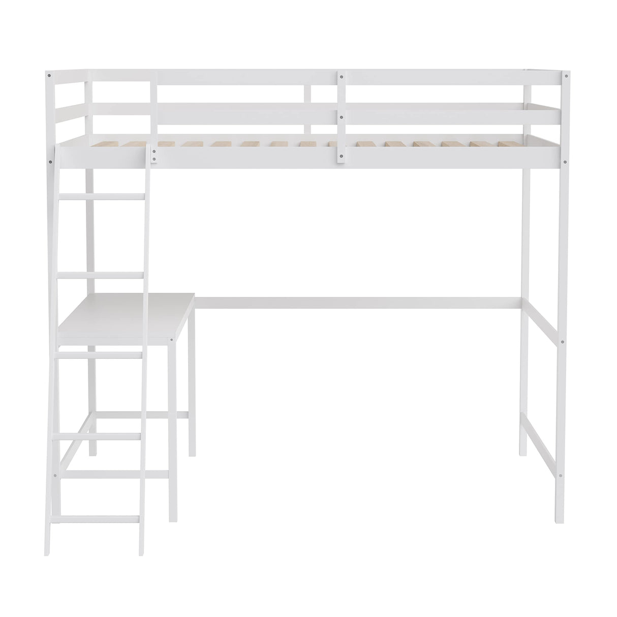 BizChair Full Size Loft Bed with Integrated Desk - White Wood Slats - Space-Saving Design for Kids and Teens BizChair