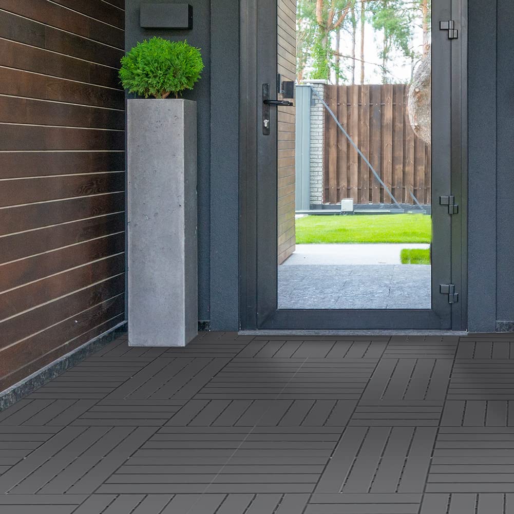 SHPAI Plastic Interlocking Deck Tiles, 36 Pack, 12"x12" Patio Decking Tiles Not-Slip All Weather Use, PVC Waterproof Outdoor Flooring Pavers for Backyard, Poolside, Porch, Balcony, Dark Grey SHPAI
