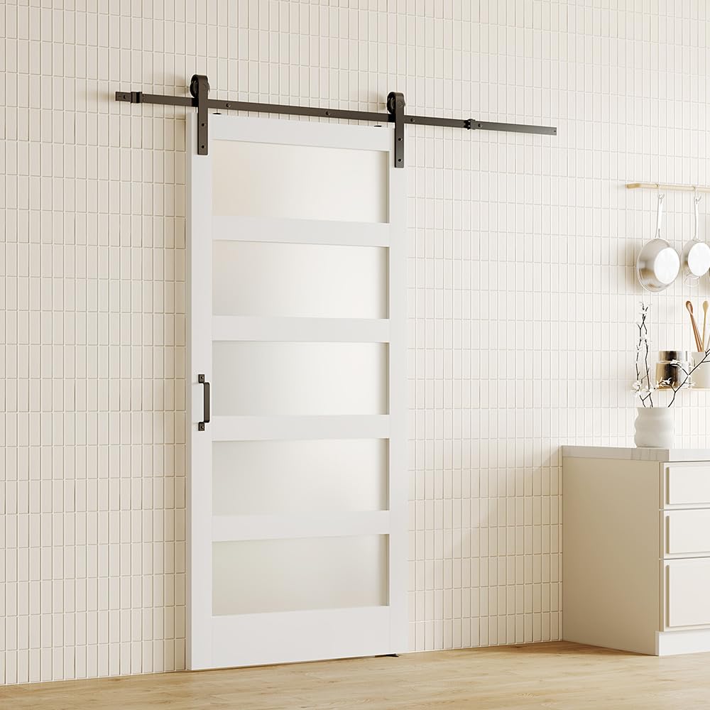Lakenyon 42in x 84in Glass Barn Door with 6.98 Ft Sliding Door Hardware Kit, Handle, 5-Panel Frosted Glass, Solid Wood & MDF White-Primed Barn Door Panel, Pre-Drilled, Easy to Assemble Lakenyon