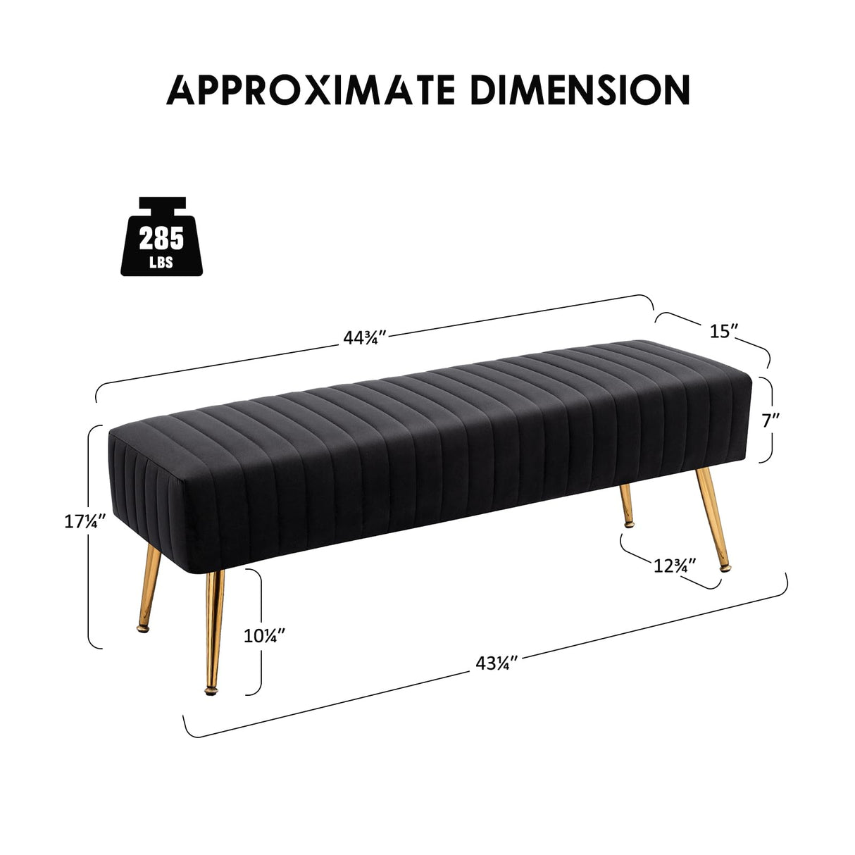 Furniliving 44 Inch Bedroom Bench, Upholstered Tufted Striped Fabric Ottoman Benches with X-Shaped Metal Legs for Living Room, Entryway Solid Wood Indoor Bench for Foyer (Black) Furniliving