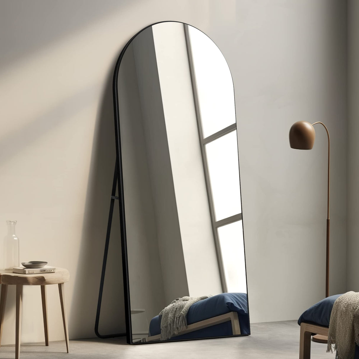 PexFix Arched Full Length Mirror Arched Wall Mirror Floor Mirror with Stand Contemporary Full Length Mirror with Black Wood Frame, 65''x22'' PexFix