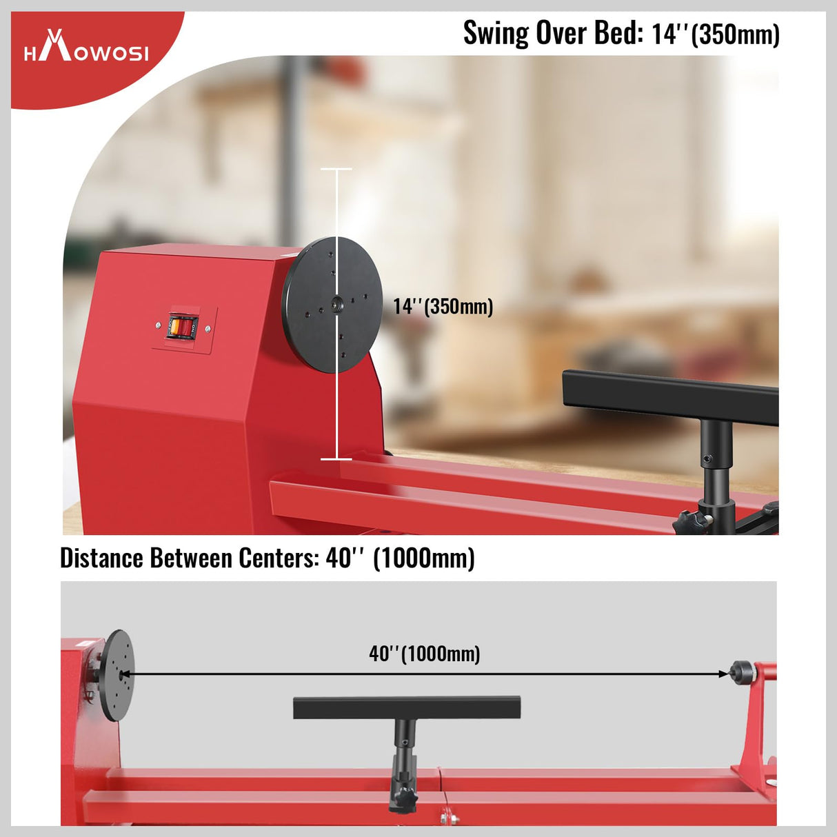 HAowosi Upgraded Wood Lathe 14" x 40", Power Wood Turning Lathe Adjustable 4 Speed 810/1180/1700/2480RPM, Benchtop Mini Wood Lathe with 5 Chisels for Woodworking HAowosi