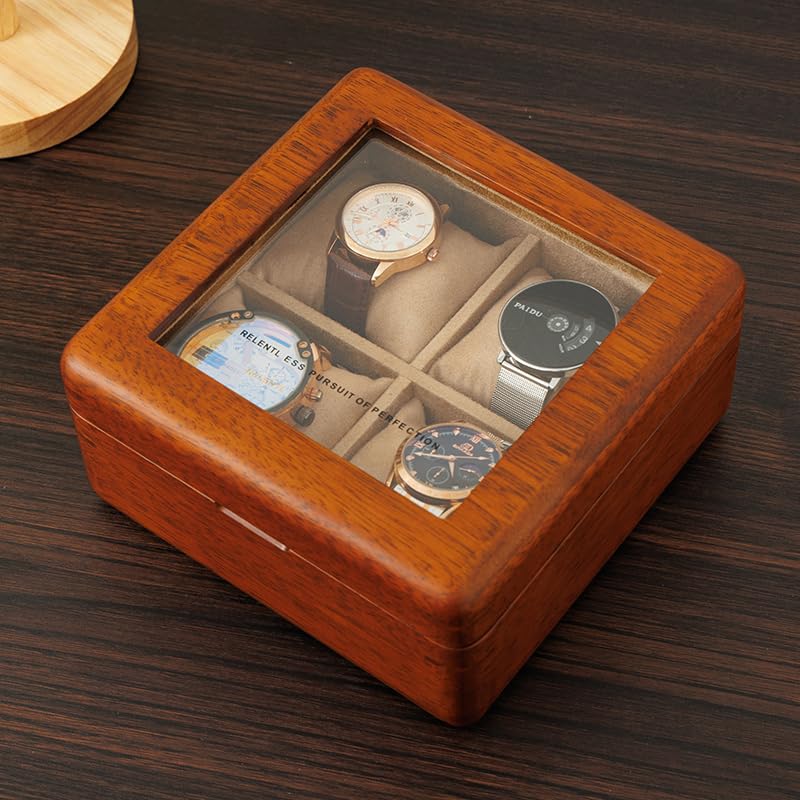 LIBOLXSP Watch Box for Men,4 Slot Wooden Watch Case with Glass Lid, Watch Holder Storage Organizer for Men's Watch Display Watch Travel Case LIBOLXSP
