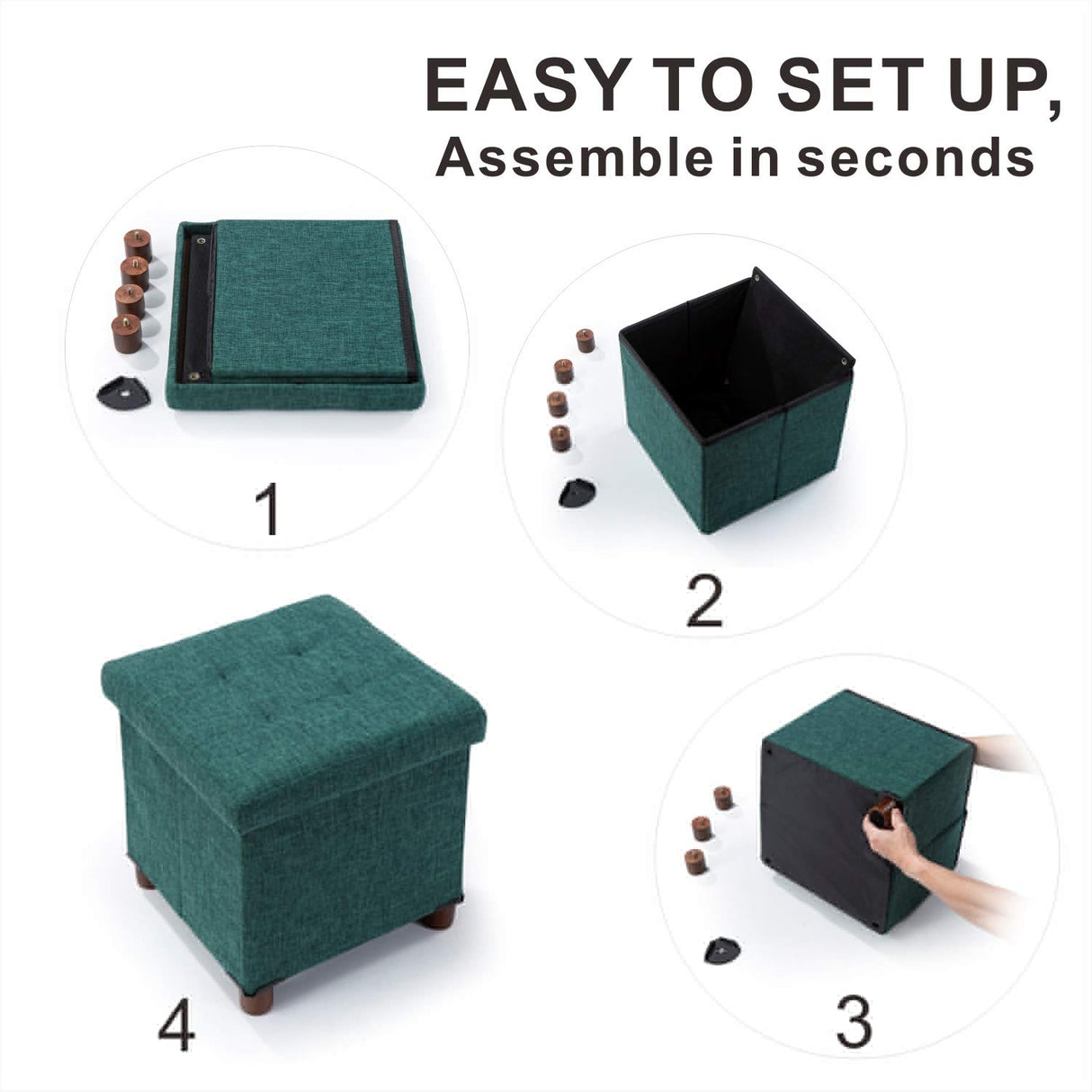 15 Inches Storage Ottoman with Wooden Legs, Cube Foot Rest Stool/Square Footstool Storage for Living Room, Foldable Fabric Ottoman, Comfortable Seat with Lid, Space-Saving Green Ao Lei