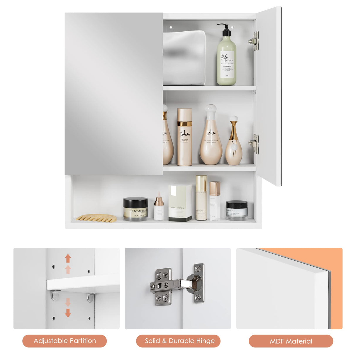 FOTOSOK Bathroom Wall Cabinet Medicine Cabinet, Wall Mounted Bathroom Mirror with Storage Mirror Cabinet with 2 Doors and Adjustable Shelf, Laundry Living Room, White FOTOSOK