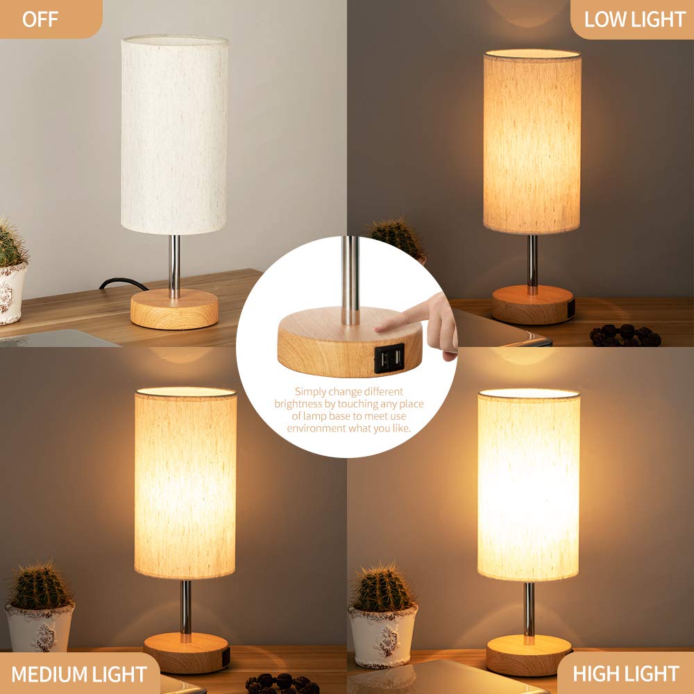 Yarra-Decor Bedside Lamps with USB Port - Touch Control Table Lamp for Bedroom Wood 3 Way Dimmable Nightstand Lamp Set of 2 with Round Flaxen Fabric Shade for Living Room, Dorm, Home Office (2 Pack) Yarra-Decor