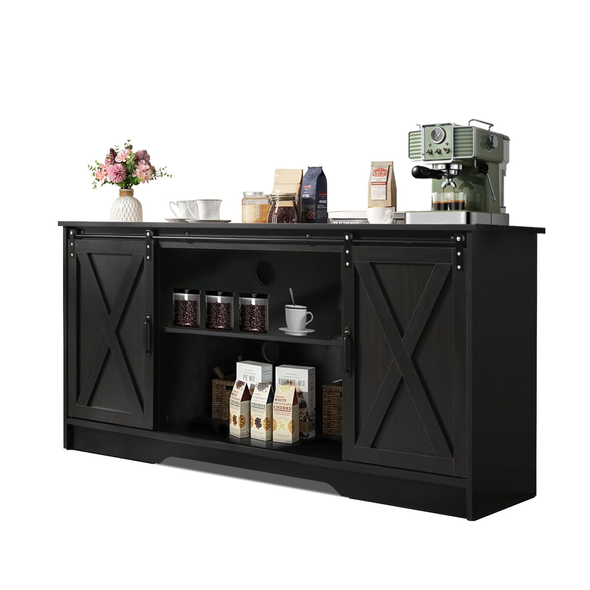 4 EVER WINNER Coffee Bar Cabinet with Sliding Barn Doors, 59" Sideboard Buffet Cabinet with Storage, Farmhouse Buffet Cabinet Serving Table Cupboard for Dining Room, Espresso 4 EVER WINNER