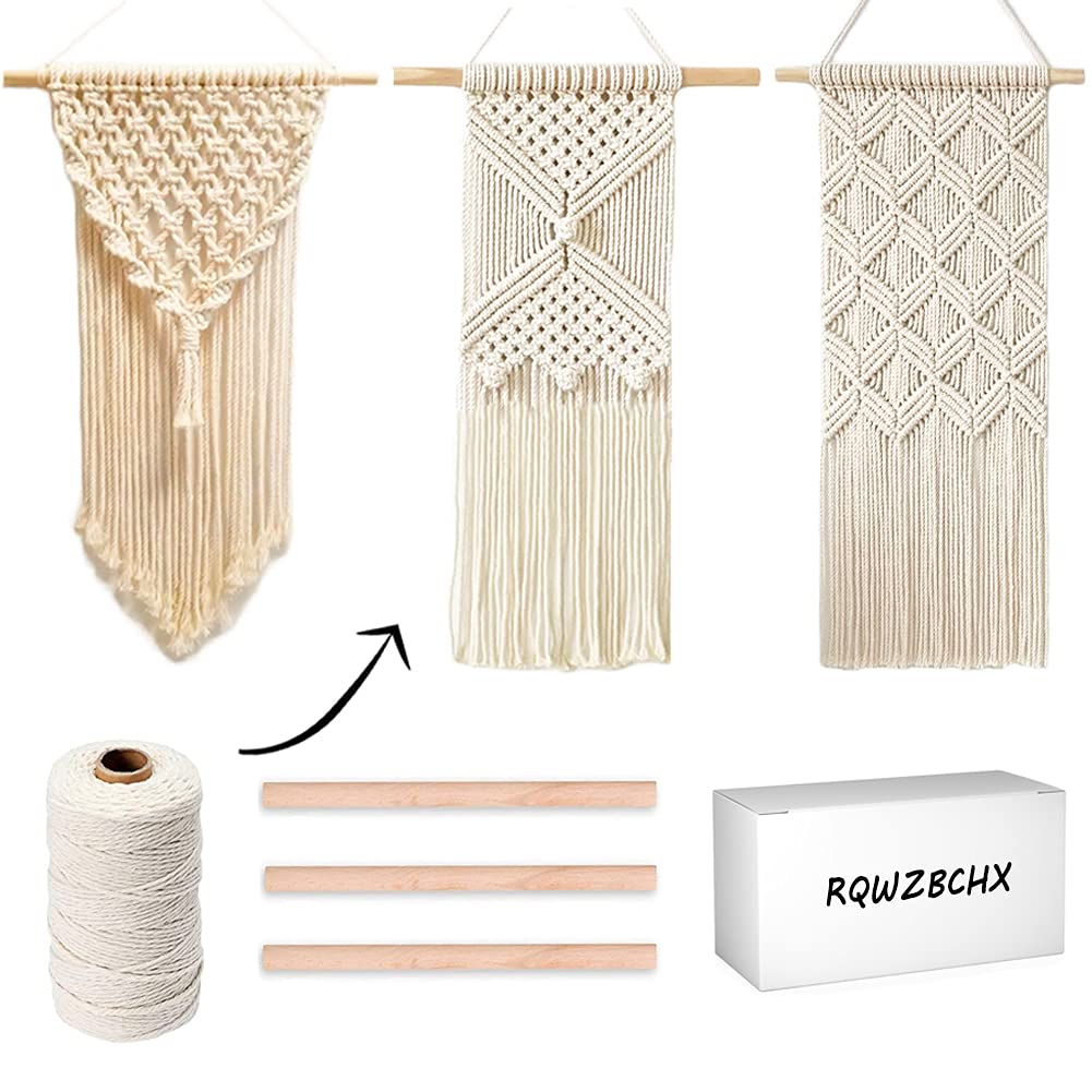 RQWZBCHX DIY Macrame Wall Hanging Kits, 3 Patterns Macrame DIY Wall Hangers for Beginners, Home Decor with 200 Meters Macrame Cord, 3 PCS Wooden Dowels and Instruction Booklet for Macrame Starters RQWZBCHX