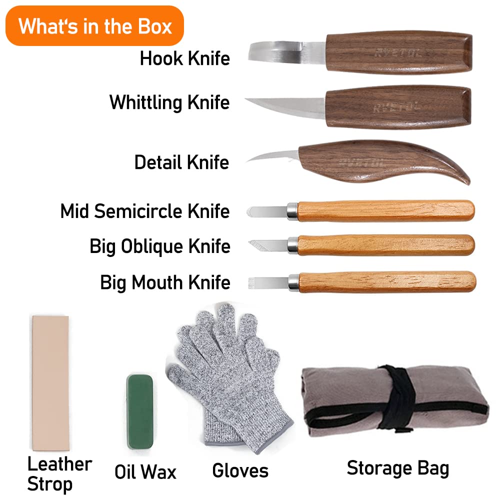 10Pcs Wood Carving Knife Set Beginner Kit, Convenient Tools Set Cut Resistant Gloves Spoon Carving Hook Knife, Wood Carving Whittling Knife, Chip Carving Detail Knife Sandpaper for Woodworking Rvetol