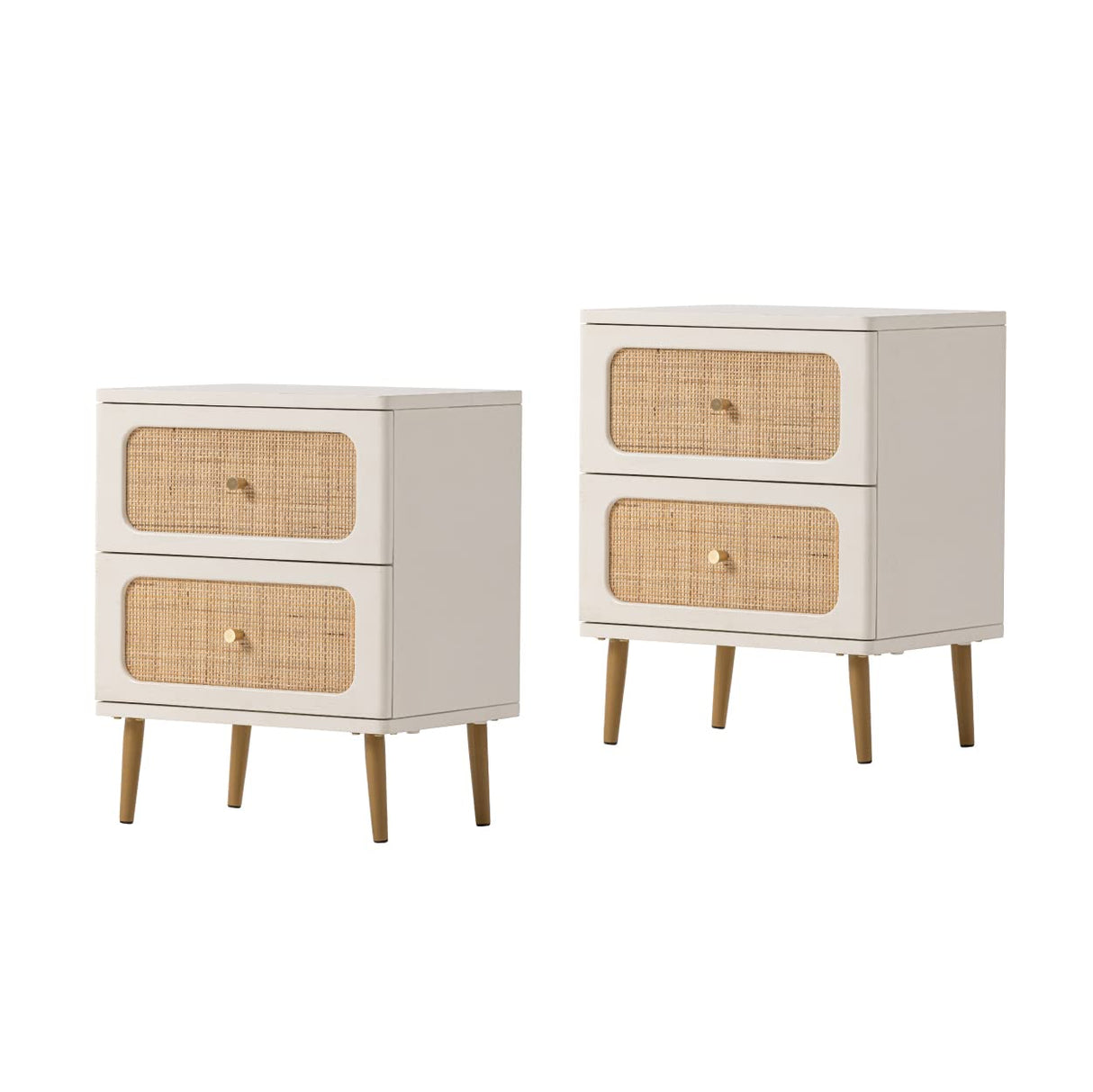LONYKE Wicker Rattan Nightstand Set of 2, 2-Drawer End Table White Finish Side Table for Small Spaces, Modern Farmhouse Wooden Bedside Table, Boho Mid-Century Coastal Storage Cabinet LONYKE
