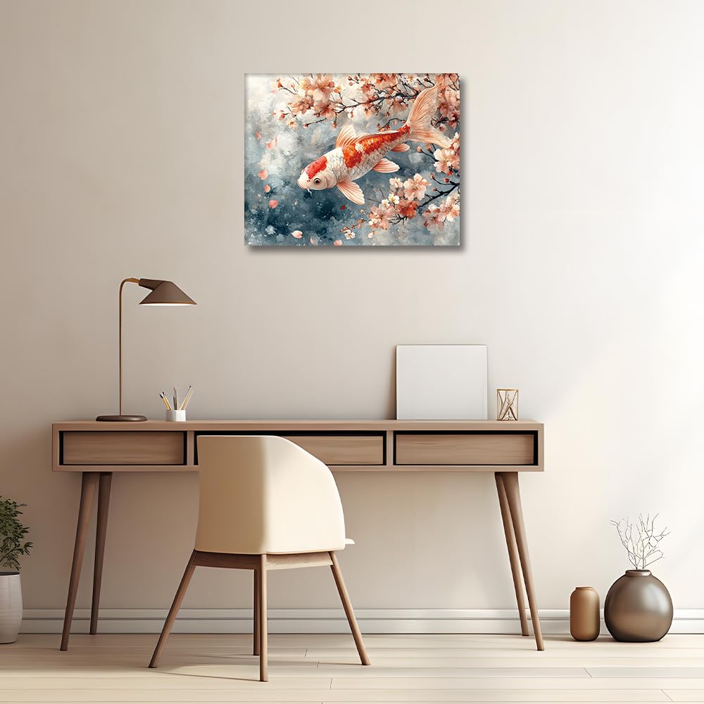 HULDFRDA Paint by Numbers Kit for Adults Beginner, Koi Fish by Painting by Numbers, Koi with Flower Paint by Number Kits, DIY Oil Number Painting for Adults Wall Decor, 16 x20 Inch HULDFRDA