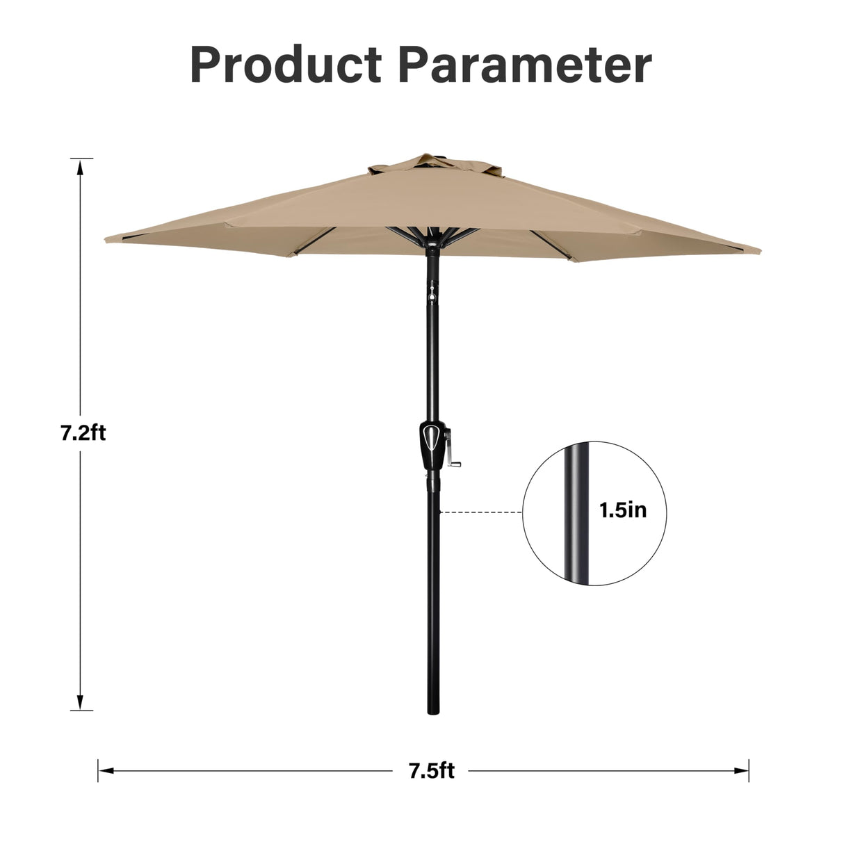 Simple Deluxe 7.5ft Patio Umbrella Outdoor Table Market Yard Umbrella with Push Button Tilt/Crank, 6 Sturdy Ribs for Garden, Deck, Backyard, Pool, Tan Simple Deluxe