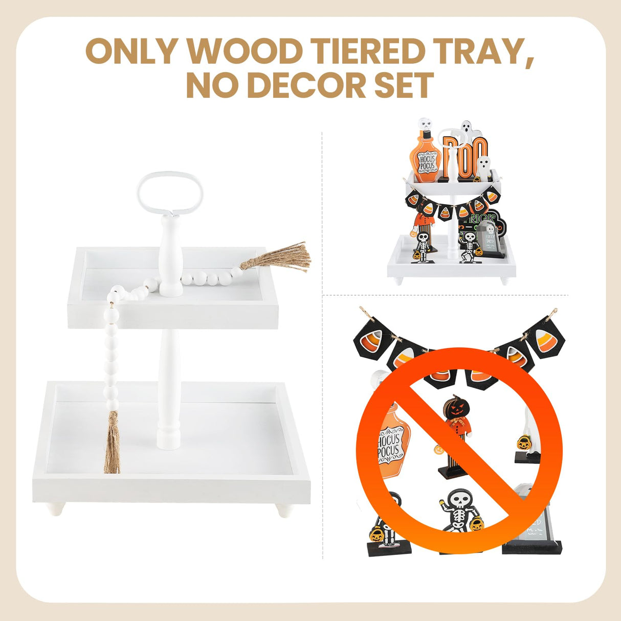 Rustic Wooden 2 Tiered Tray with Bead Garland, SYNCVIBE Square Farmhouse Style Decorative Trays Stand, Wood Serving Tray for Coffee Food Fruits Cupcakes, Home Decor Holiday Housewarming Gifts SYNCVIBE