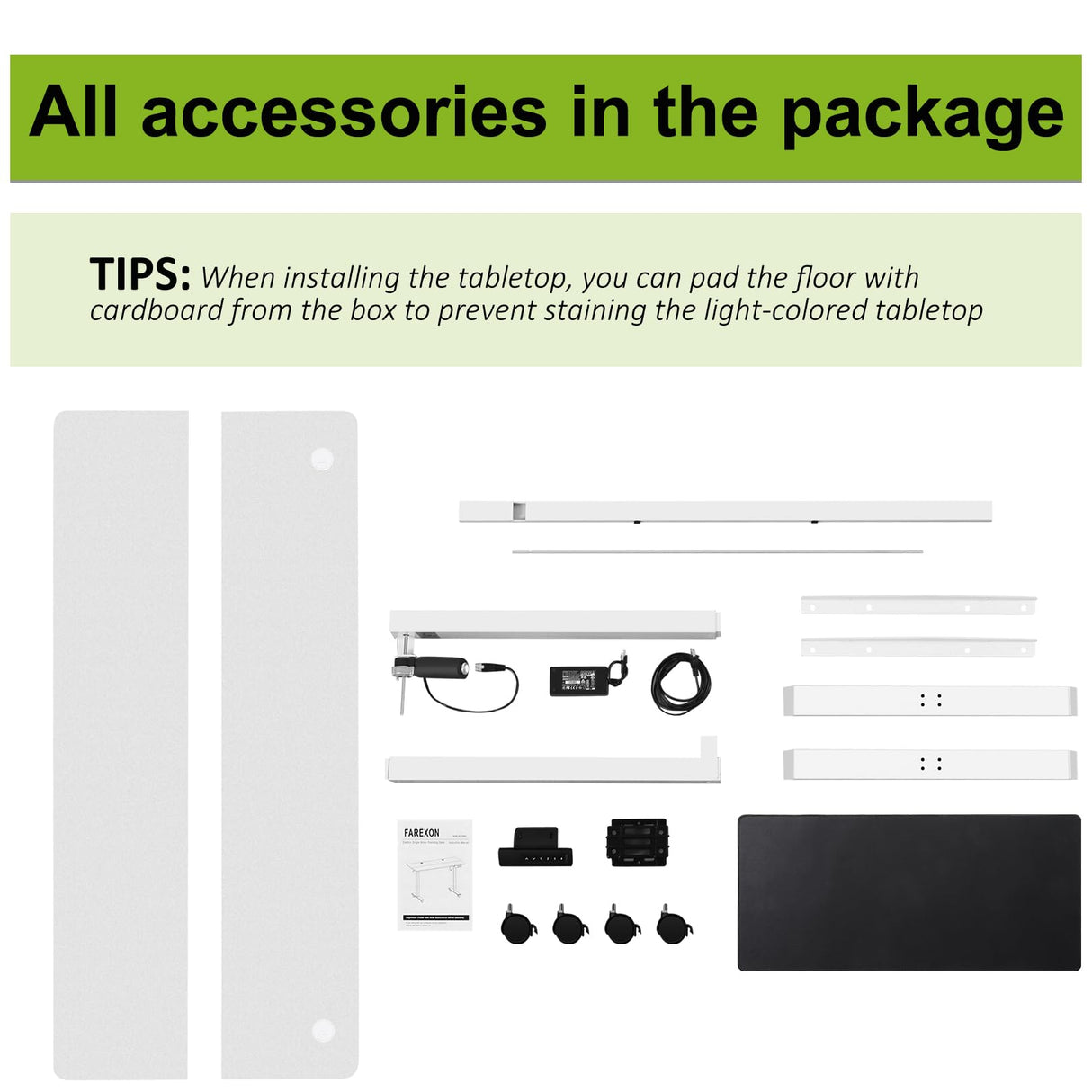 farexon Electric Standing Desk 63 x 24In with Charging Station, Stand up Desk with Oversized Mouse Pad, 2 USB Ports & 3 Power Outlets, 4 Caster, 4 Preset Heights Easy to Set(White) farexon