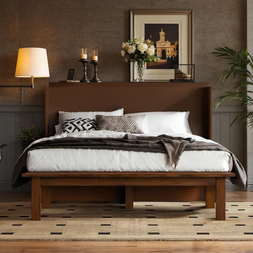 PVWIIK Full Size Multi-Functional Bed Frame with Side Shelves and USB for Girls/Boys,Home Office, Studio,Bedroom,Cabinet Murphy Bed w/Plank Support,No Box Spring Needed, Walnut PVWIIK