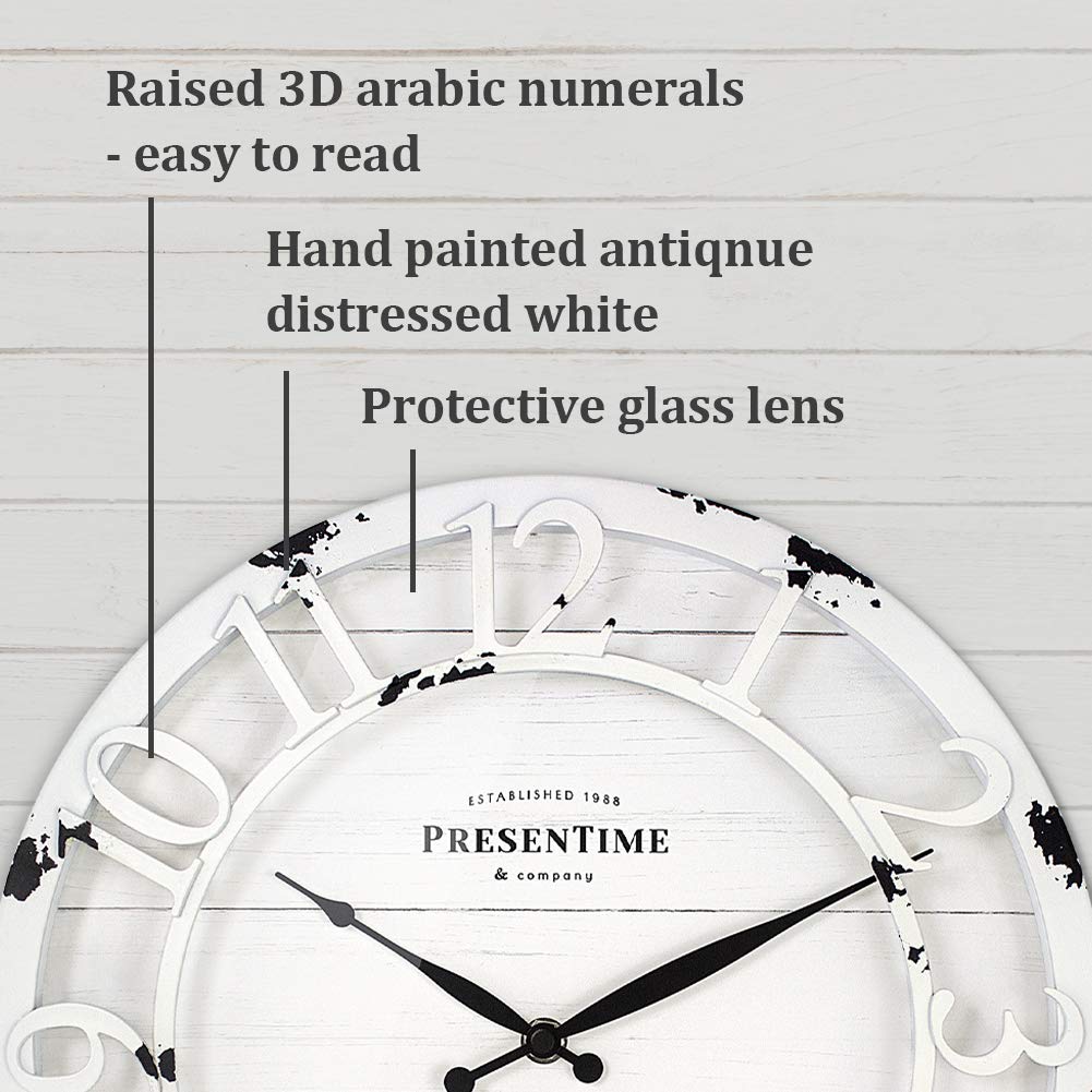 Presentime & Co 13" Farmhouse Series Wall Clock, Quartz Movement, Shiplap Style, Raised 3D Arabic Numeral, Antique Distressed White Presentime