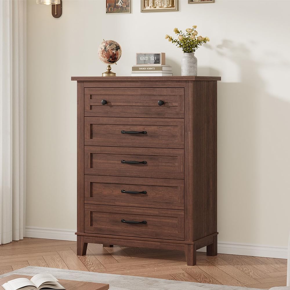 GarveeHome 5 Dresser for Bedroom, 41.3 in Tall Vertical Drawer Dresser with Large Storage, Freestanding Wooden Closet Chest for Bedroom, Living Room, Walnut GarveeHome