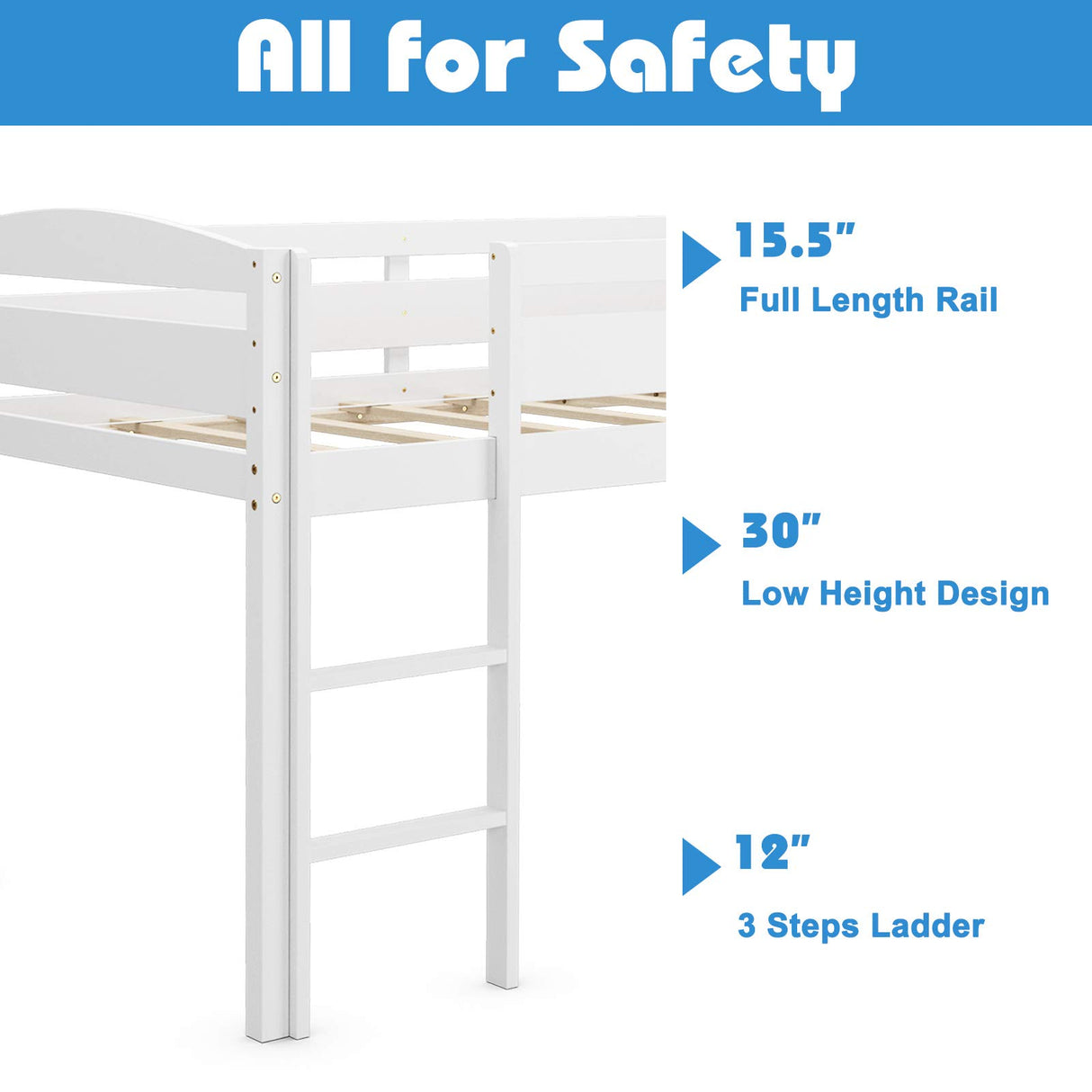Costzon Twin Loft Bed, Solid Wood Low Loft Bed w/Guard Rail and Ladder, Boys & Girls Twin Bed for Kids Room, No Box Spring Needed, Classic Children Low Loft Bed with Storage for Bedroom, White Costzon
