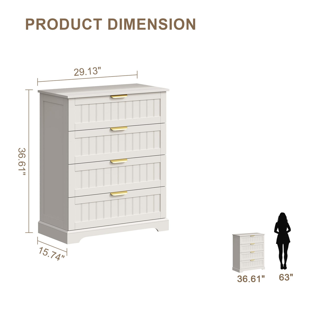 ELUREVIA 4 Wooden Drawer Dresser for Bedroom Storage, Modern Farmhouse Wood Chest of Drawers with Metal Handles, Wide Storage, Cabinet for Closet, Living Room, or Entryway White ELUREVIA