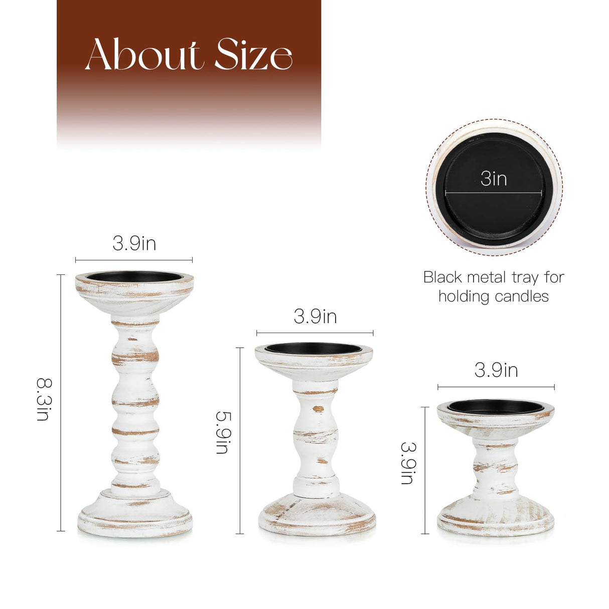 Candeldo Wood Candle Holders for Pillar: Rustic Candles Holder Set of 3 Tall Table Centerpiece Decor Wooden White Farmhouse Candle Stands for Fireplace Mantle Decorations Candeldo