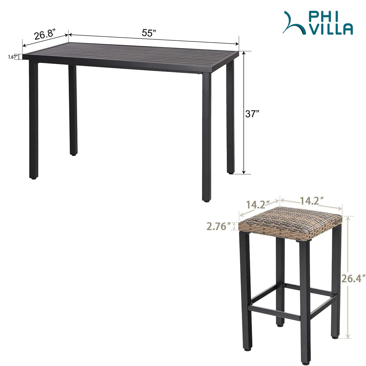 PHI VILLA 5 Piece Patio Bar Set, Black Wood Grain Metal Bar Table & 4 Wicker High Bar Stools, Bar Height Outdoor Dining Set for Porch, Yard, Deck, Poolside PHI VILLA