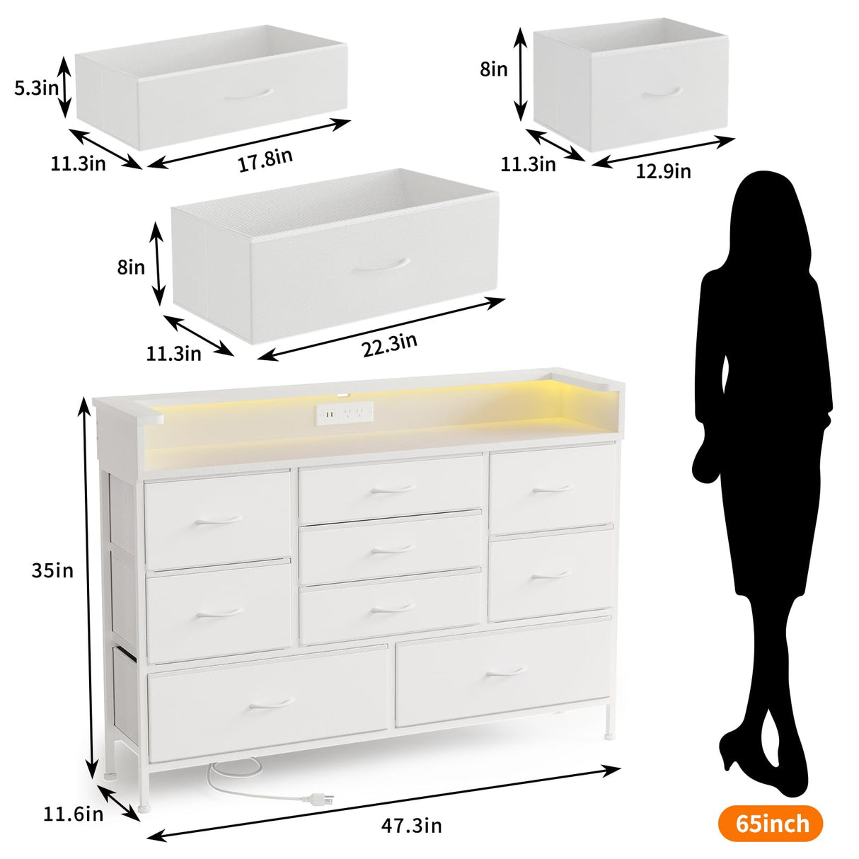 Fixwal White LED Dresser for Bedroom, Dresser with 9 Drawers and Charging Station, Fabric Chest of Drawers with PU Finish, Entryway, Living Room, Hallway Fixwal