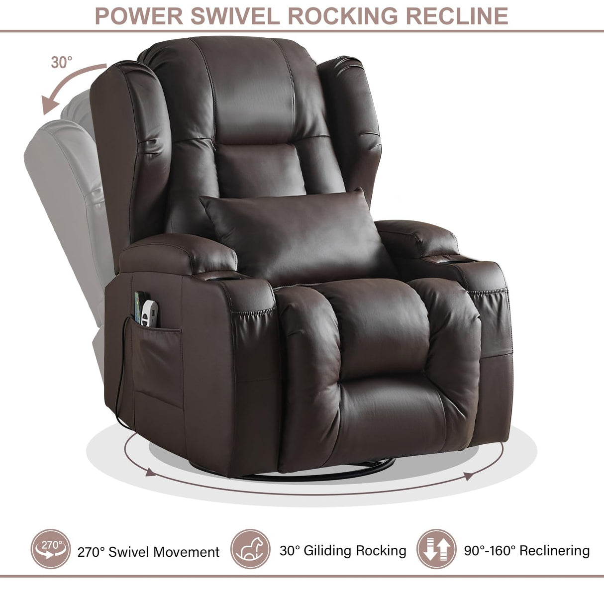OQQOEE Power Recliner Chair,Electric Swivel Rocker Recliner,Glider Rocking Chairs Home Theater Seating with Massage Heat,Cup Holders,USB Ports for Living Room (Brown PU) OQQOEE