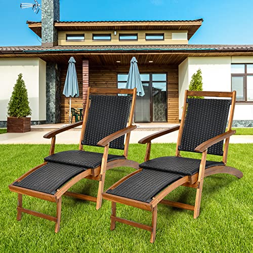 RELAX4LIFE Patio Chaise Lounge Chair Set of 3, Acacia Wood Folding Rattan Wicker Chairs w/Retractable Footrest, Side Table, 3-Piece Outdoor Patio Furniture, Fire Pit Deck Chairs Set for Porch Poolside