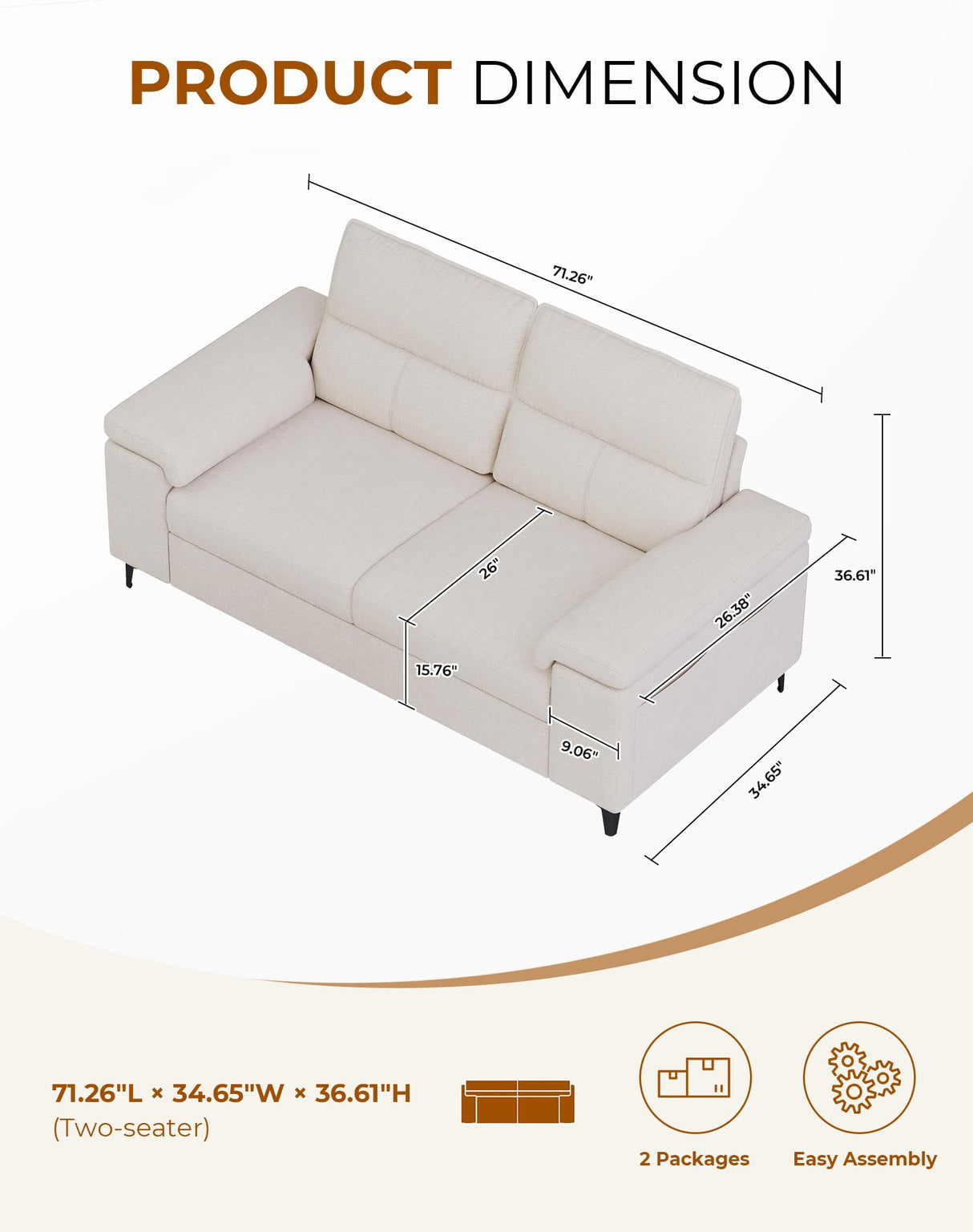 Upvilla 71.25" Modern Sofa Couch for Living Room, Deep Seat Sofas with 8”Cushion, Comfy 2-Seater Chenille Loveseat with Convertible Armrest, Removable Sofa Cover, High Leg (Beige) Upvilla
