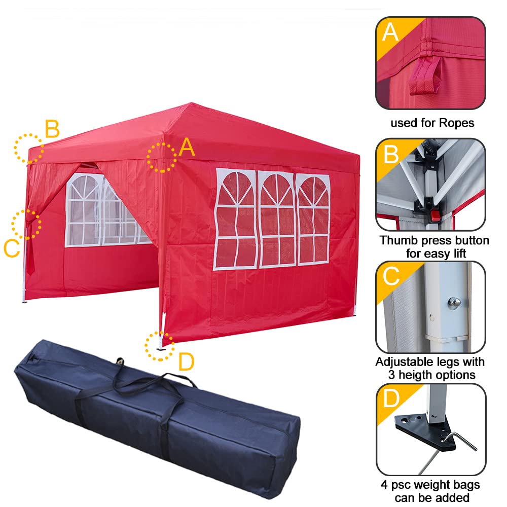 Panana Pop Up Gazebo 10''x10'' Waterproof Outdoor Garden Marquee Awning Party Tent Canopy and Carry Bag 3 X 3m(Red) Panana