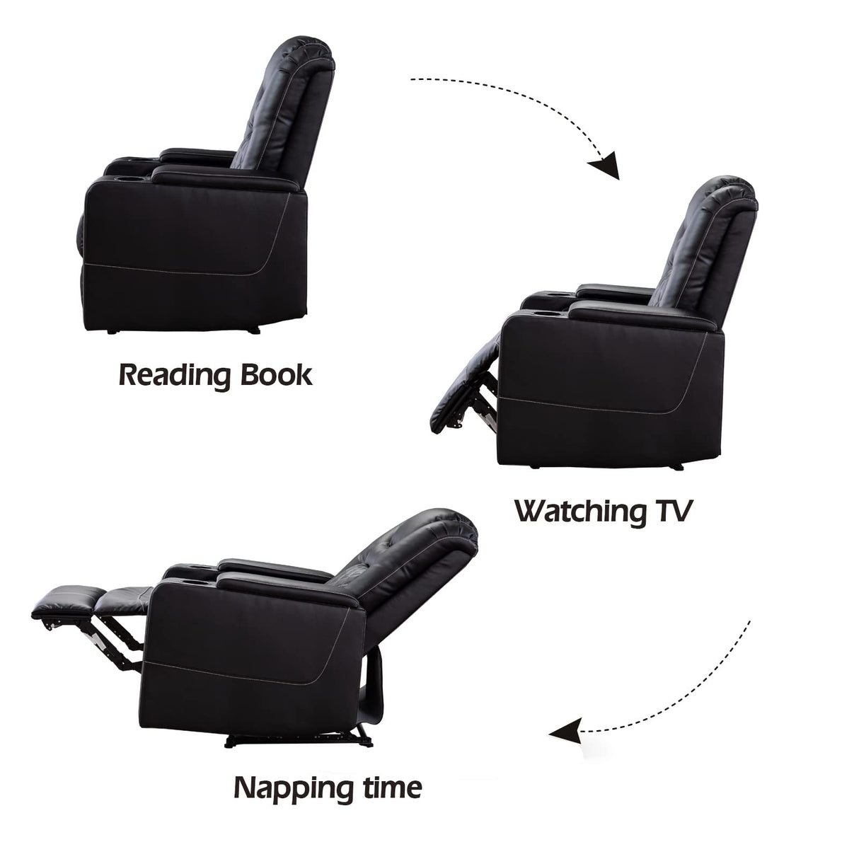 CANMOV Electric Power Recliner Chair with USB Ports and Cup Holders, Breathable Leather Home Theater Seating with Hidden Arm Storage (Black) CANMOV