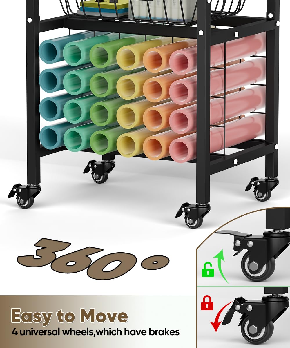 Queension Craft Cart with Wheels Compatible with Cricut Machines, Craft Organization and Storage Stand with Craft Table for Cricut Accessories, Rolling Storage Cart with 24 Vinyl Roll Hollers,Black Queension