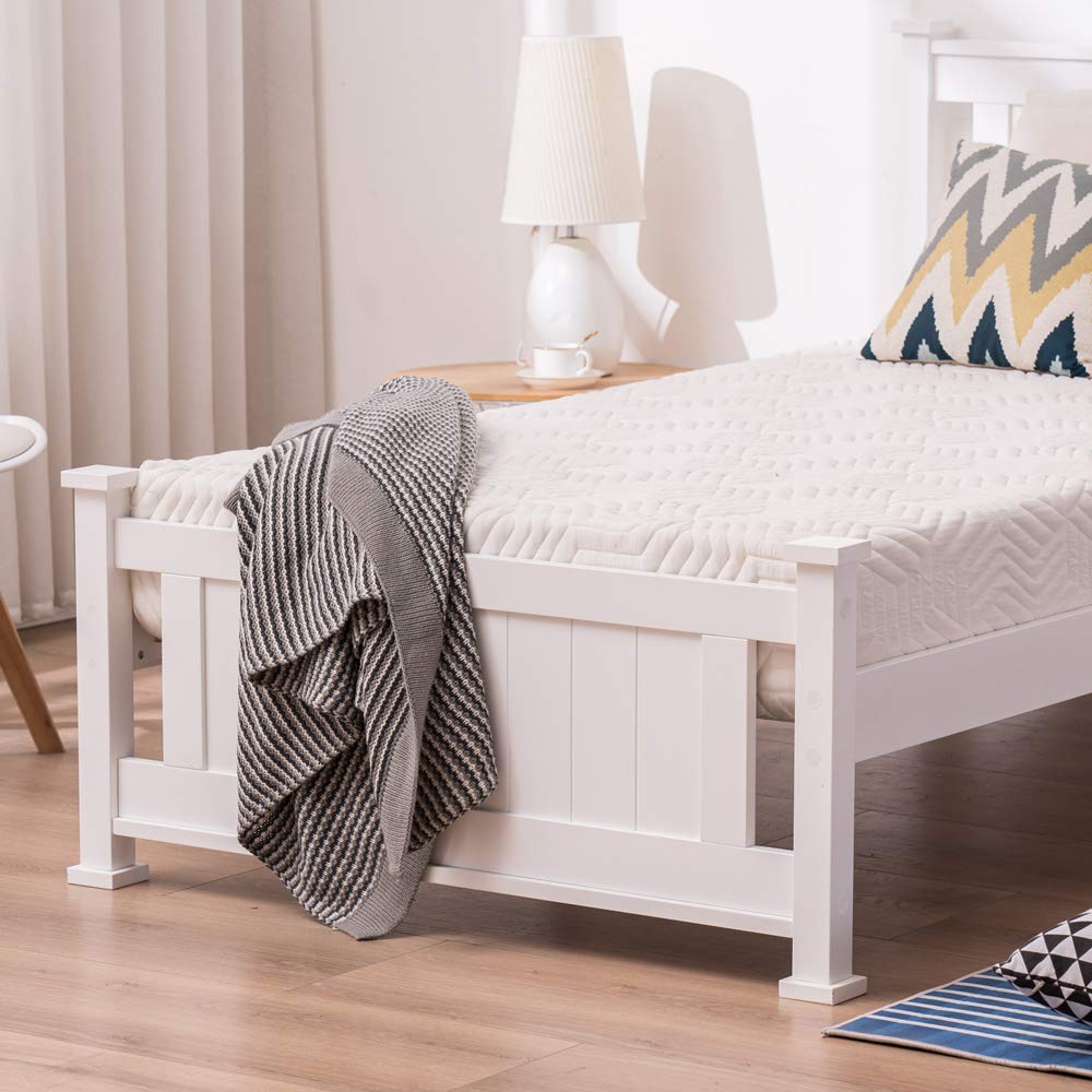 Bonnlo Twin Size Solid Wood Platform Bed Frame, Single Bed with Headboard, No Box Spring Needed Panel Bed, Wood Slat Support Mattress Foundation, White Bonnlo