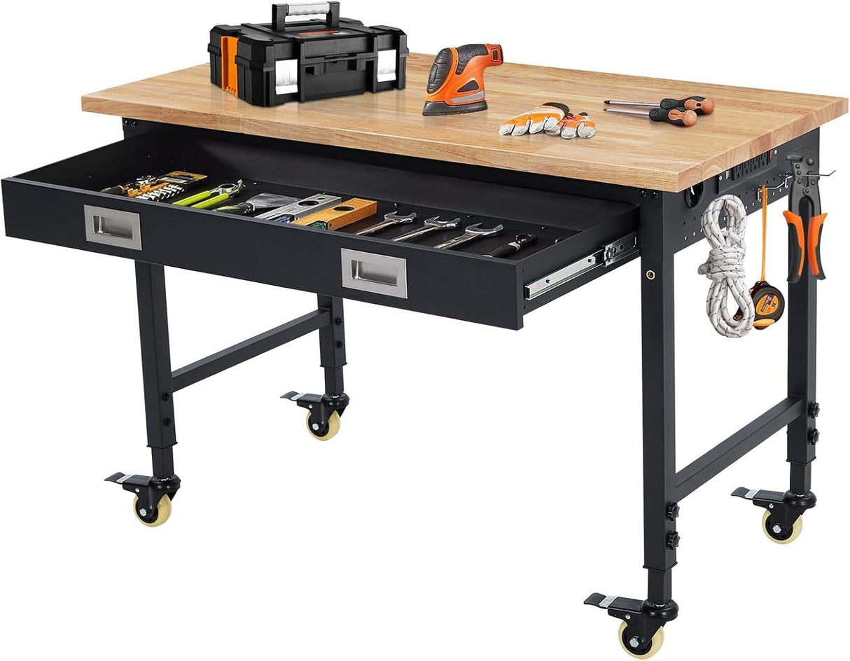 48" x 24" Adjustable Height Workbench - Heavy Duty 2000 lbs Load Capacity, Solid Rubber Wood Top, Sturdy Metal Frame, Workstation with Drawer & Rolling Casters, Power Outlets for Garage & Workshop ExploreHorizon