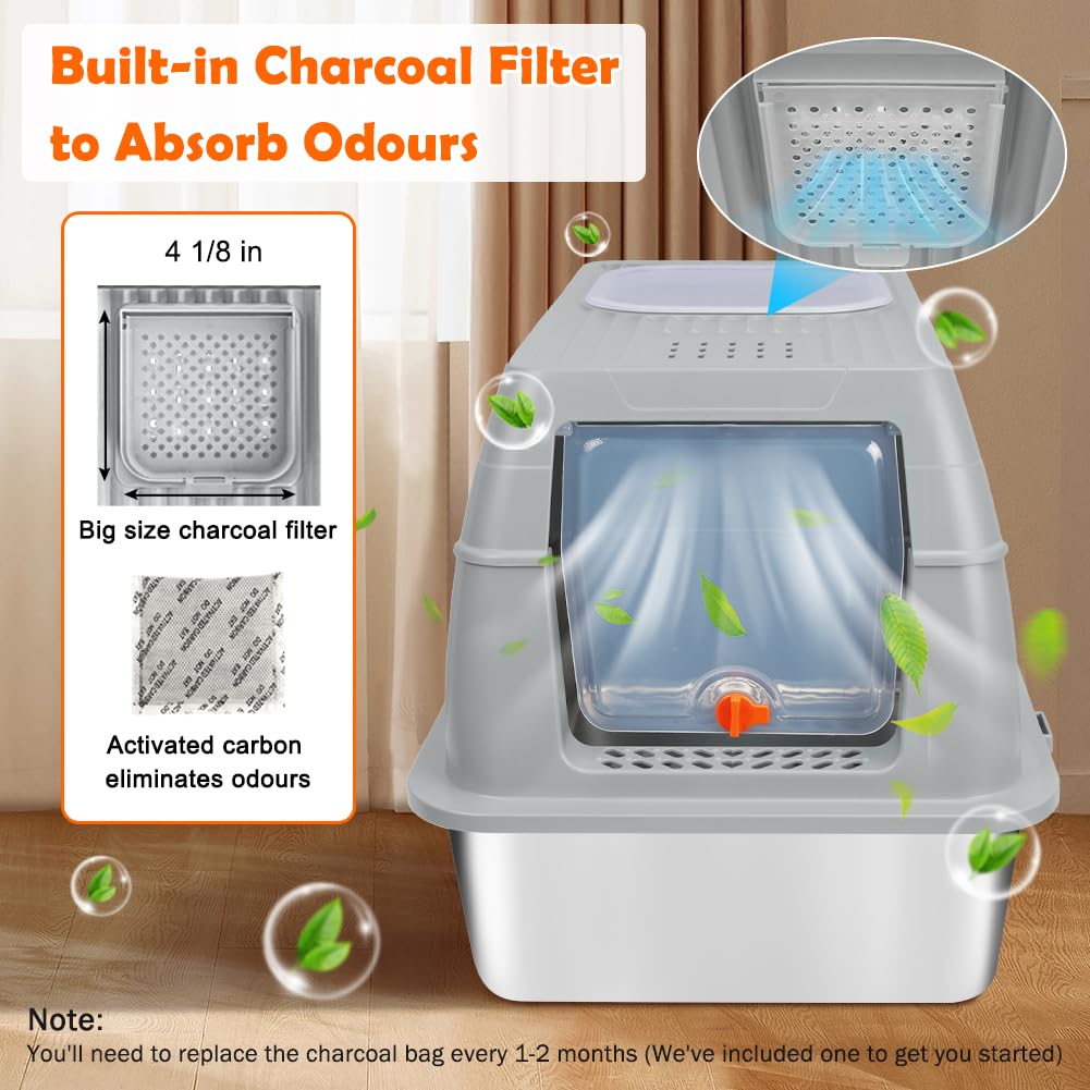 SZEE XL Stainless Steel Litter Box, Top Exit Design, Non Stick, No Smell, Easy Cleaning, Activated Charcoal Odor Control Design, Half/Fully Enclosed Design, Footboard, Trapping Mat & Scoop Included SZEE