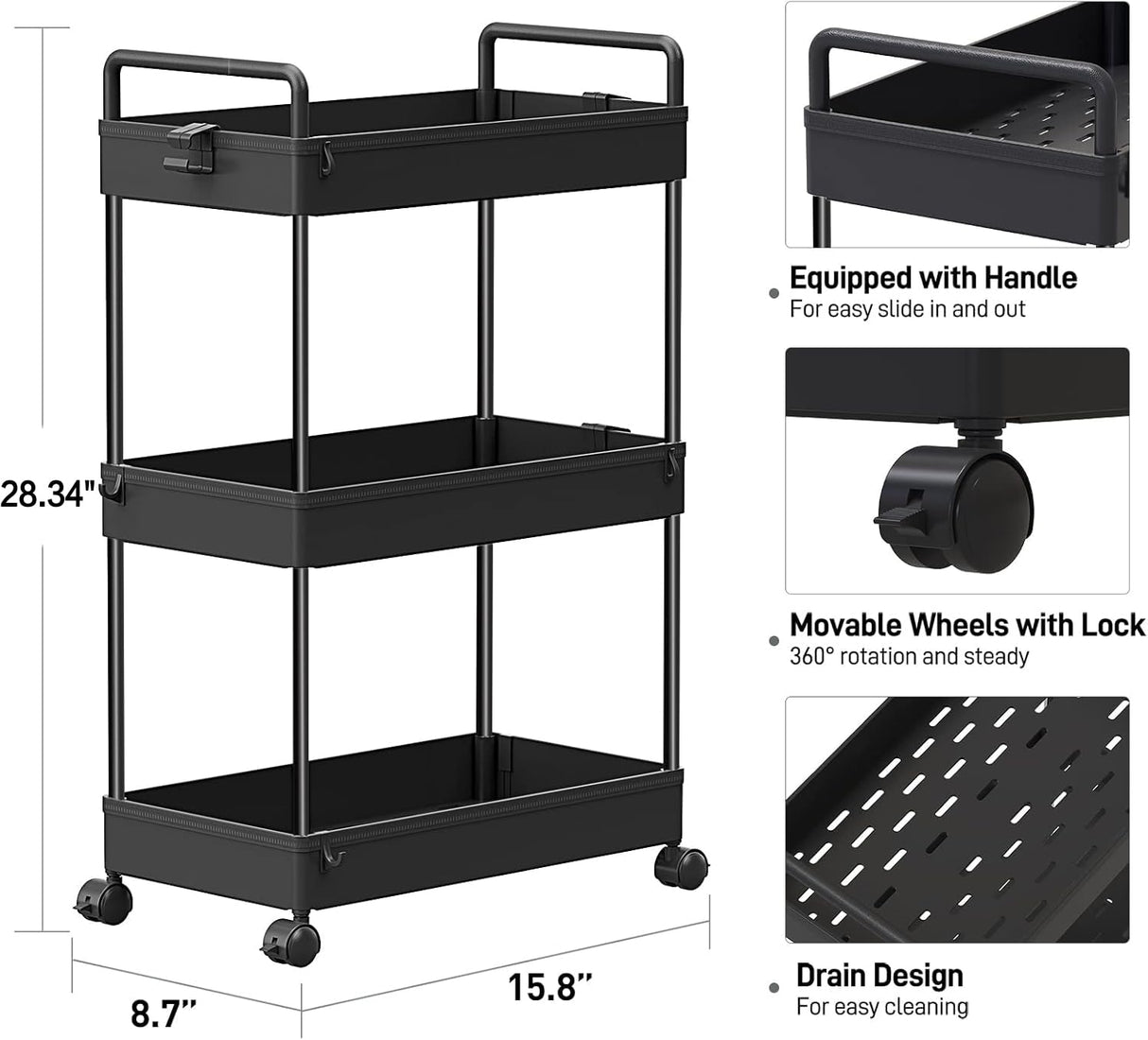 SOLEJAZZ Rolling Storage Cart, 3 Tier Utility Cart Mobile Slide Out Organizer, Bathroom Standing Rack Shelving Unit Organizer for Kitchen, Bathroom, Laundry Room, Black SOLEJAZZ