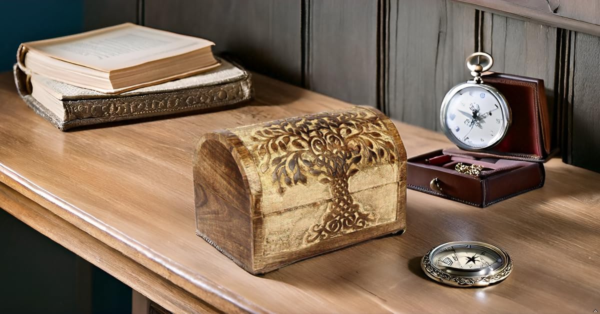 Great Birthday Gift Ideas Handmade Decorative Wooden Jewelry Box With Tree of Life Carvings Jewelry Organizer Keepsake Box Treasure Chest Trinket Holder Watch Box Storage Lock Box The Great Indian Bazaar