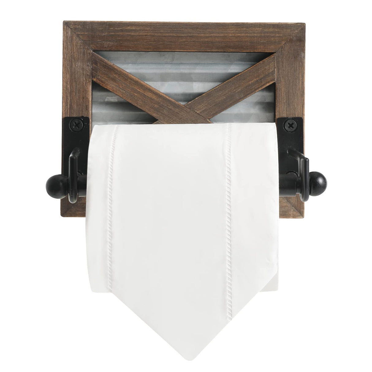 Farmhouse Toilet Paper Holder with Galvanized Metal& Black Metal - Rustic Warm Brown Wood Wall Mount Toilet Roll Holder for Bathroom Decor KULEDM