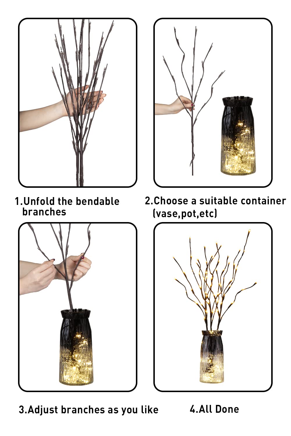 EAMBRITE 3PK Brown Lighted Twig Branches Pathway Light with 30" 60 LED Warm White Bulbs for Outdoor and Indoor EAMBRITE