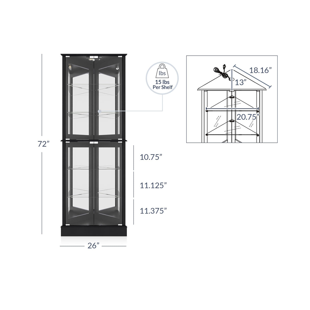 BELLEZE Lighted Corner Display Curio Cabinet Wooden Shelving Unit with Tempered Glass Door, Bar and Liquor Storage Area with 6 Shelves - Woody (Black) BELLEZE