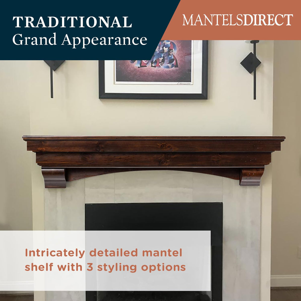 MANTELSDIRECT Mantels Direct Salem Wood Mantel Shelf with Arched Corbels - Cherry 48 Inch | Wooden Rustic Wall Mounted Shelf from Pine Wood - Perfect for Fireplaces, TVs & Décor MANTELSDIRECT