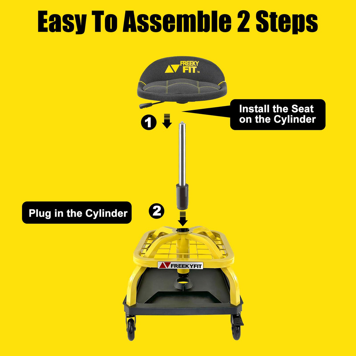 FreekyFit Rolling Shop Stool with Wheels, Garage Work Mechanic Stool with Backrest, Roller Mechanic Chair, Adjustable Height, 360° Swivel, Tool Tray Storage, 330 LBS Capacity, Heavy Duty, Yellow FreekyFit