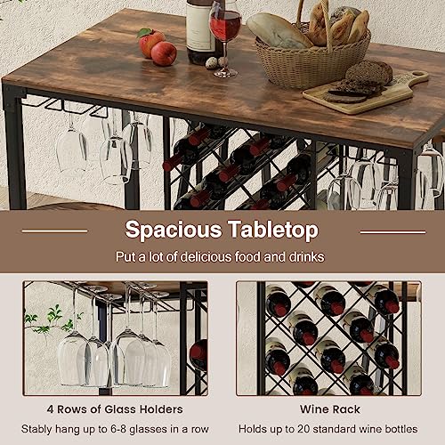 COSTWAY 5-Piece Bar Height Dining Set, 4-Person Table and Stools with Wine Racks & Glass Holders, Kitchen Breakfast Set for Home, Coffee Shop, Rustic Brown & Black COSTWAY