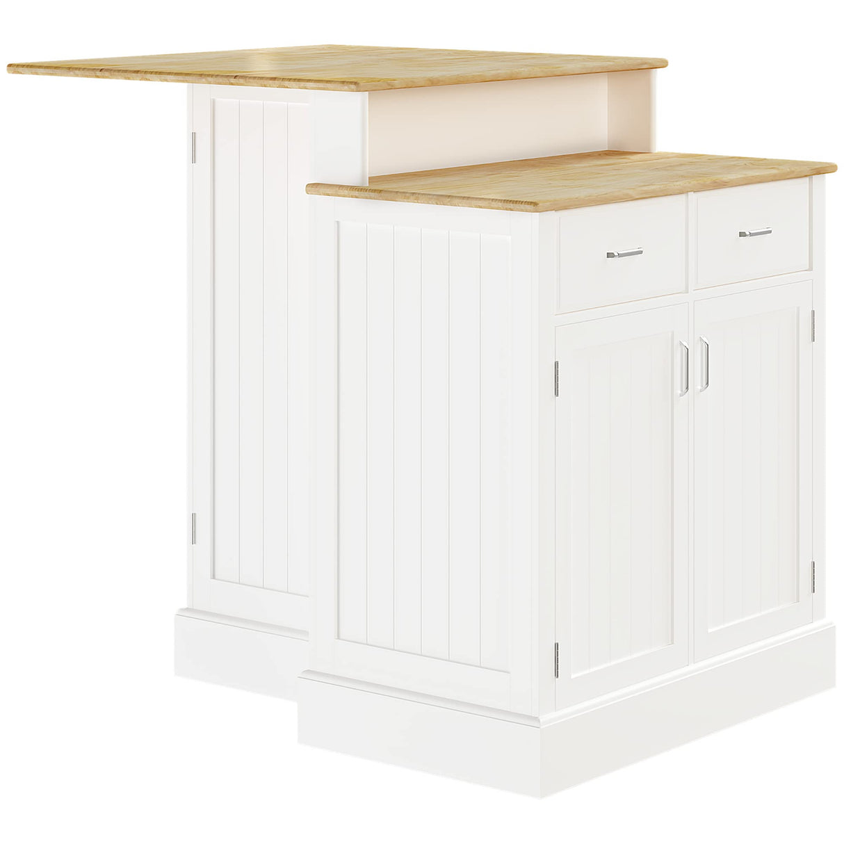 HOMCOM Kitchen Island with Storage Cabinet and 2-Level Rubber Wood Tabletop, Island Table with Adjustable Shelves and Drawers, White HOMCOM