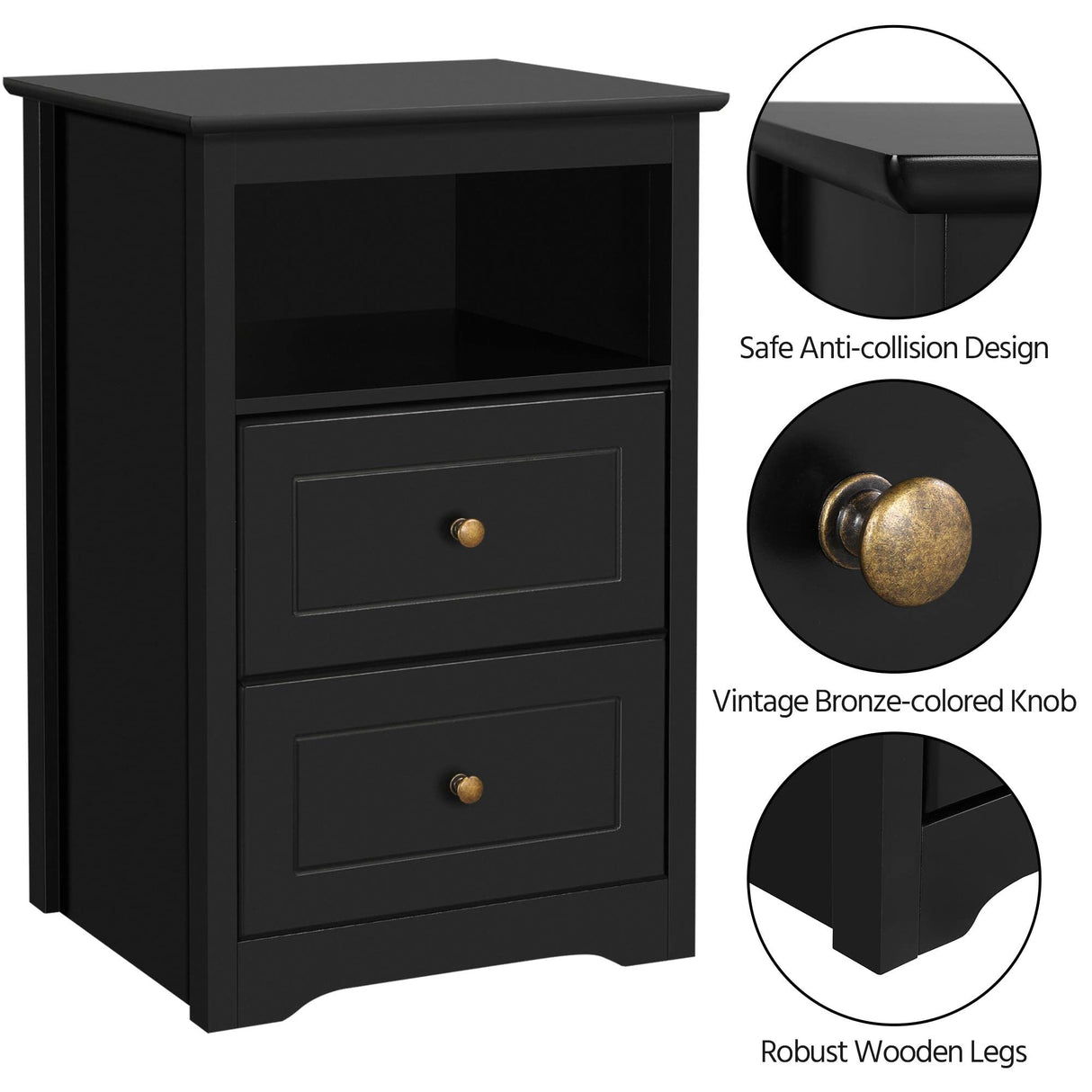 Yaheetech Tall Nightstand with 2 Drawer and 1 Cubby, 29" High Bedside Table Wooden Storage Cabinet Bed Side Table with Drawer for Bedroom Home Office, Black Yaheetech