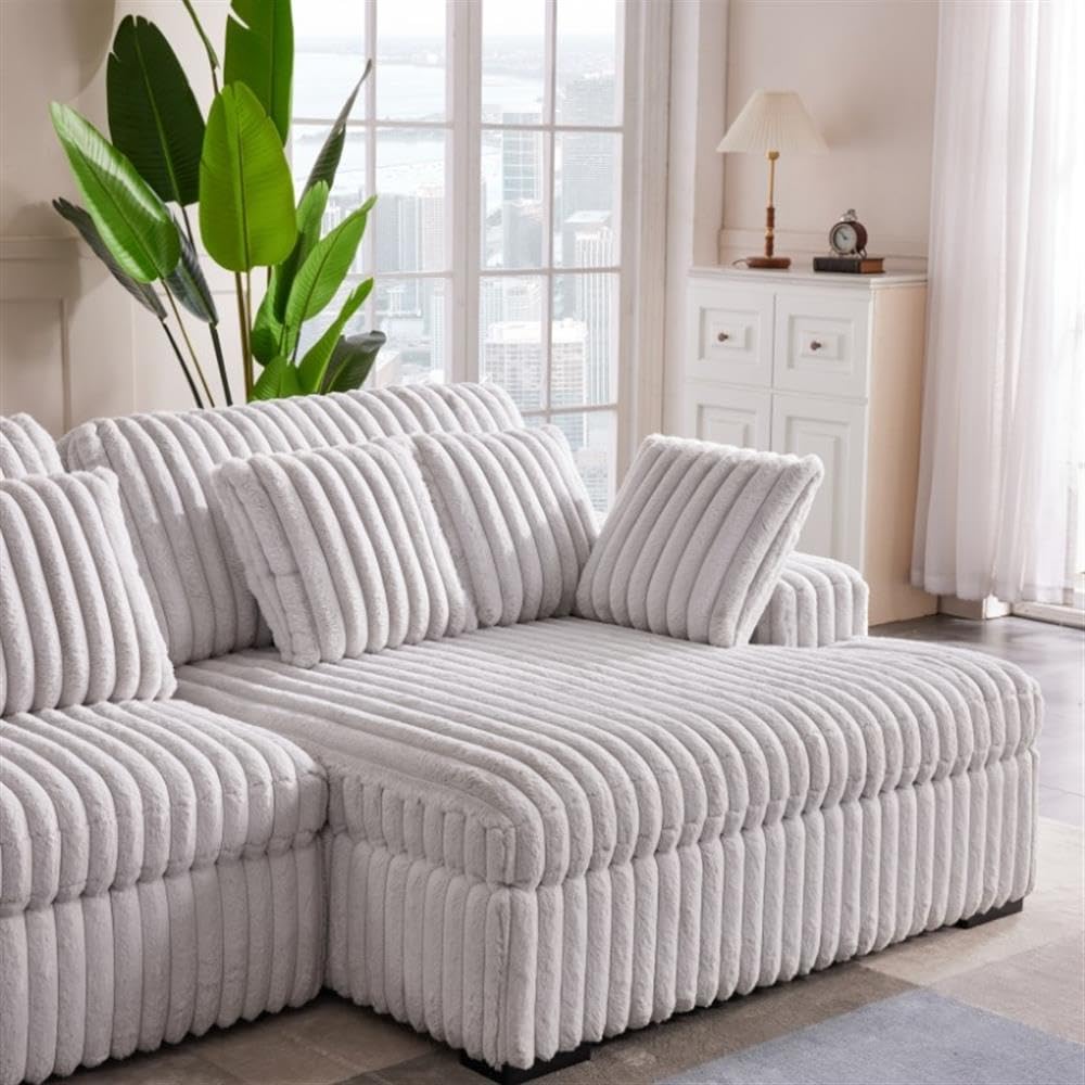 Pemberly Row 113" W Corduroy Fabric Cloud Convertible Sectional Deep Seat Sofa Slider with Power Recliner Glider, USB Charging Ports, and 6 Cushions in Presley Charcol for Living Room Pemberly Row
