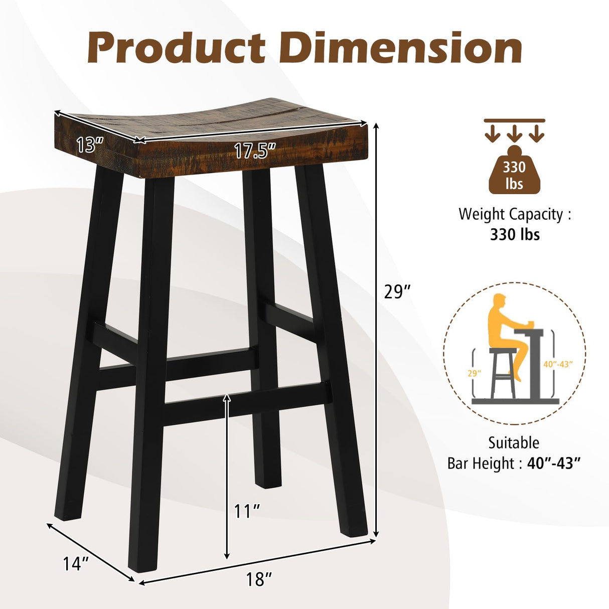 COSTWAY Wooden Saddle Stools Set of 2, 29-inch Bar Height Stools with Curved Seat Surface, Rubber Wood, Acacia Wood, Footrests, Kitchen Island Counter Stools for Restaurant Cafe Pub, Brown+Black COSTWAY
