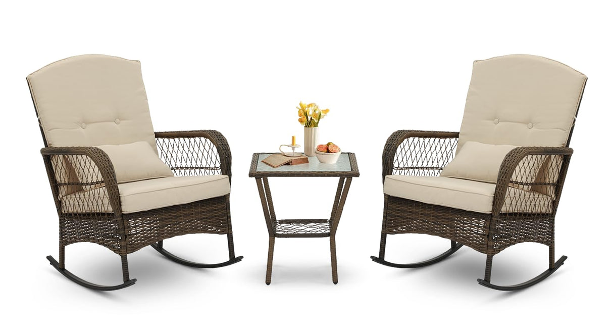 3 Piece Rocking Bistro Set Wicker Outdoor Patio Chairs Rattan Conversation Sets with Coffee Table for Patio, Porch, Backyard, Balcony, Poolside and Garden (Beige) Generic